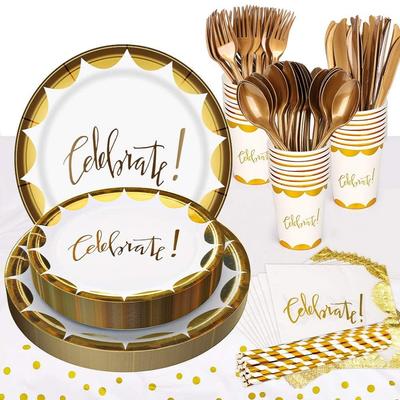 gold party supplies set disposable paper plate cup napkin straw cutlery tableware set for 24 guest