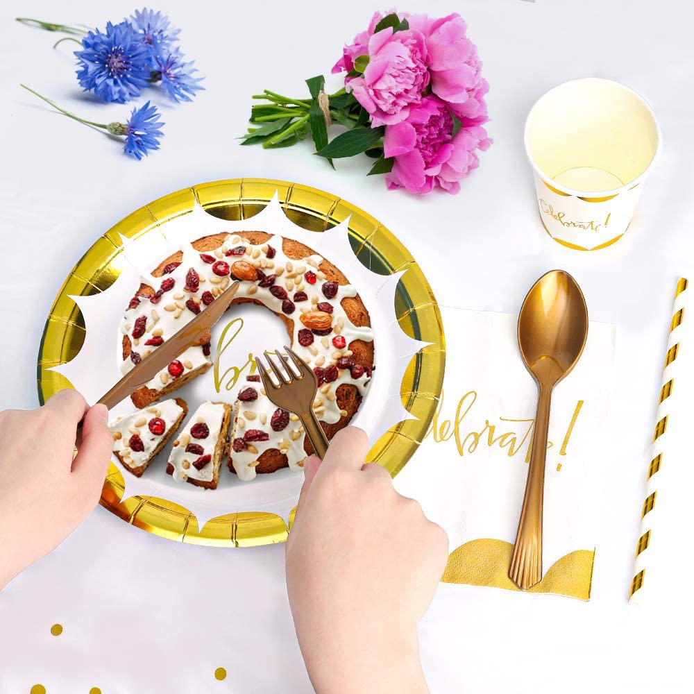 product-gold party supplies set disposable paper plate cup napkin straw cutlery tableware set for 24