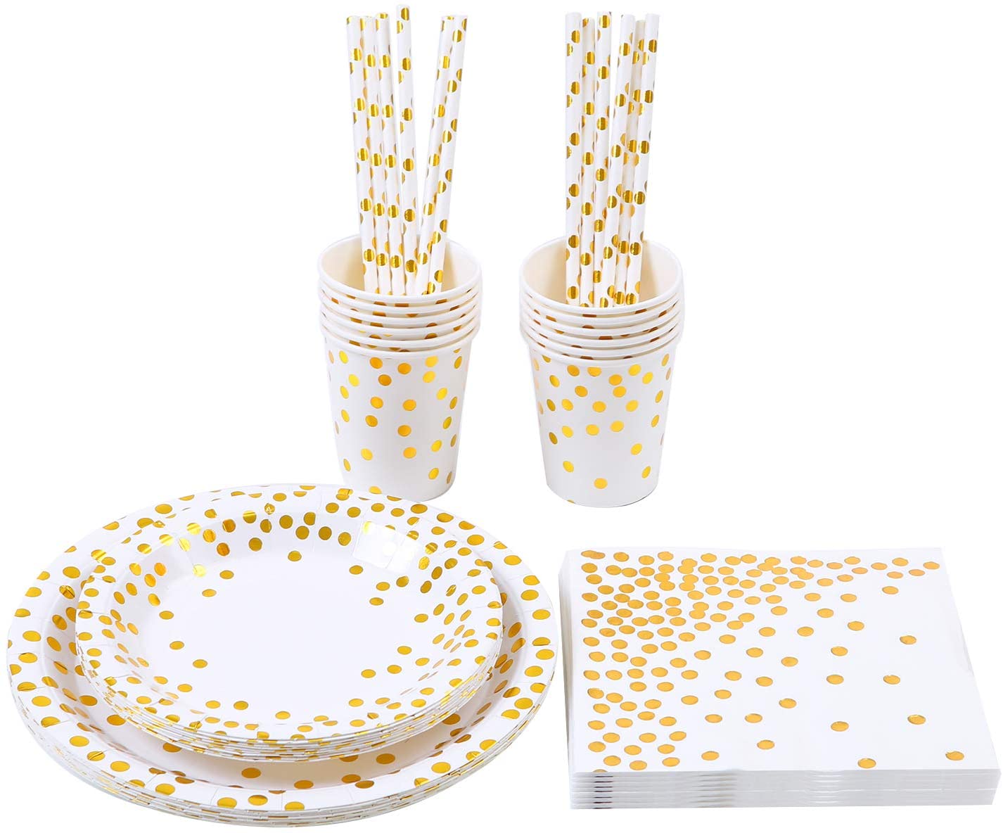 Gold Disposable Dinnerware Set Paper Party Supplies Set Dessert and Dinner Gold Paper Plates Napkins Cups Straws