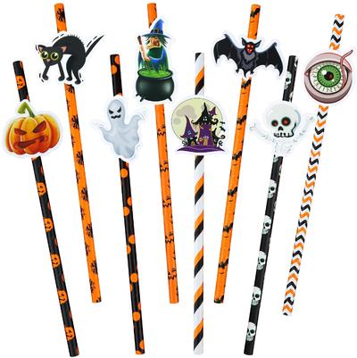 Halloween Paper Drinking Straws Recyclable Paper Party Straws with Halloween Themed Pattern Decorative Drinking Straws for Party Supplies