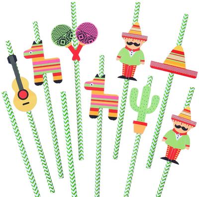 Fiesta Party Paper Straws Cactus Sombrero Donkey Pattern Striped Drinking Decorative Straws for Party Supplies