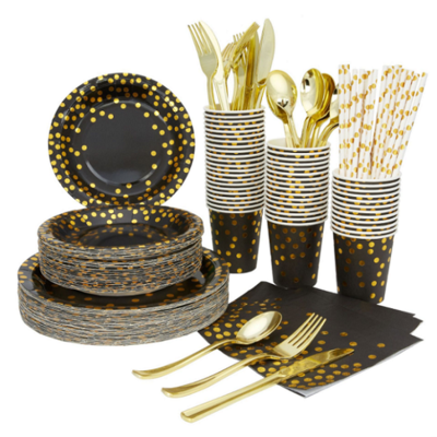 Amazon selling hot gold disposable tableware paper plates paper cups holiday birthday party kits